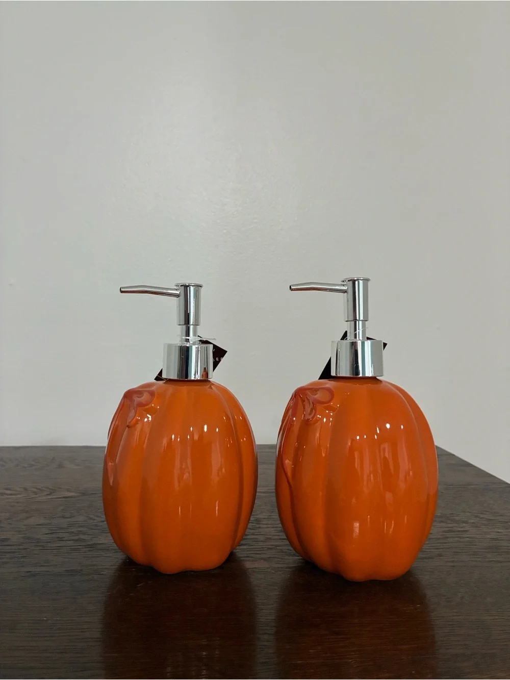 NWT- Set of 2- Orange Ceramic Pumpkin Soap Dispensers w/ Ribbons 18oz